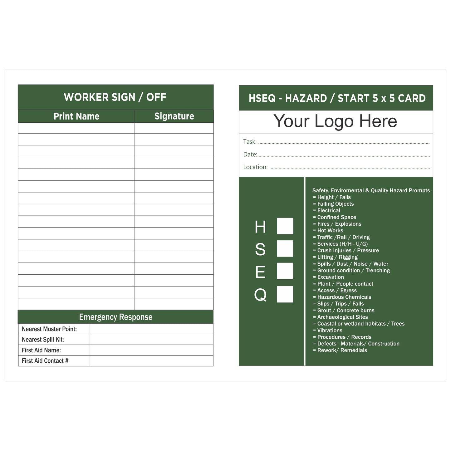 HSEQ Hazard Start 5 x 5 Card – Safety Planning Tool