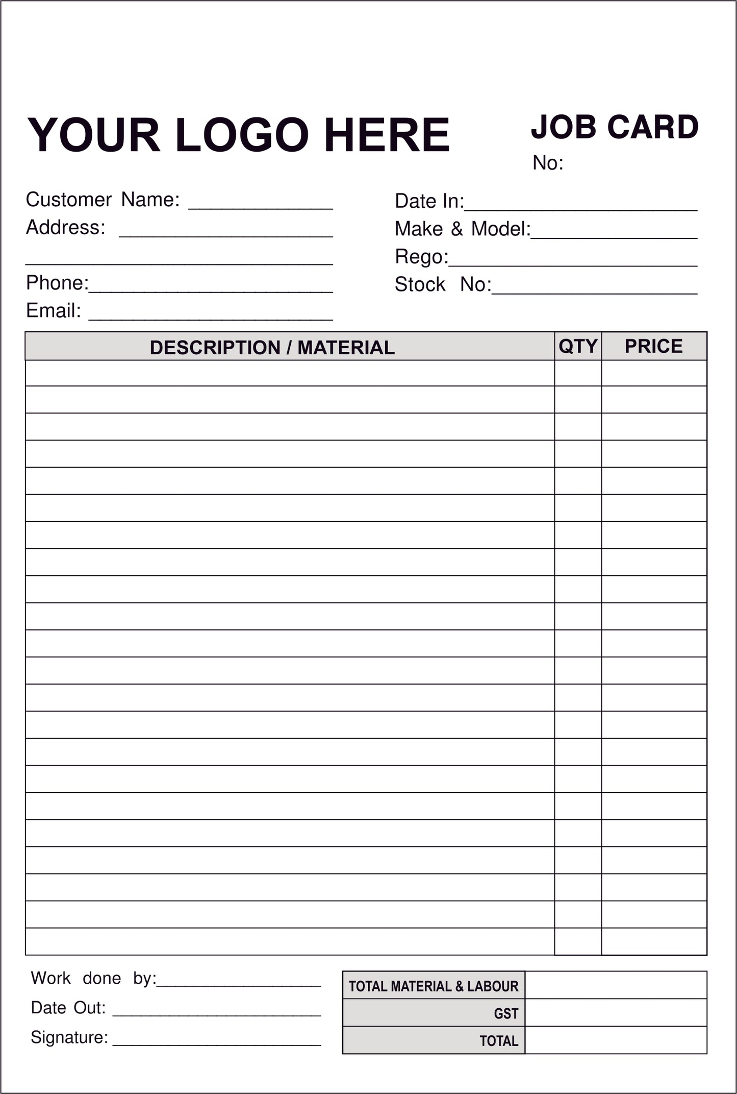 Job Card Docket Books