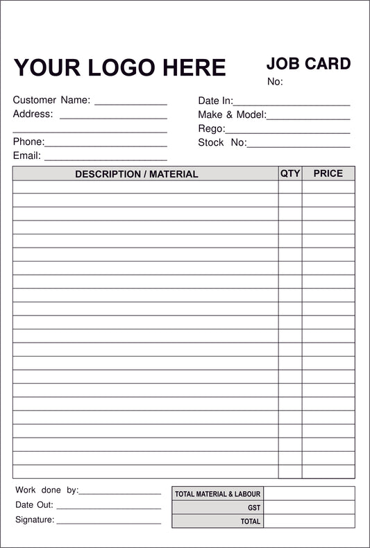 Job Card Docket Books
