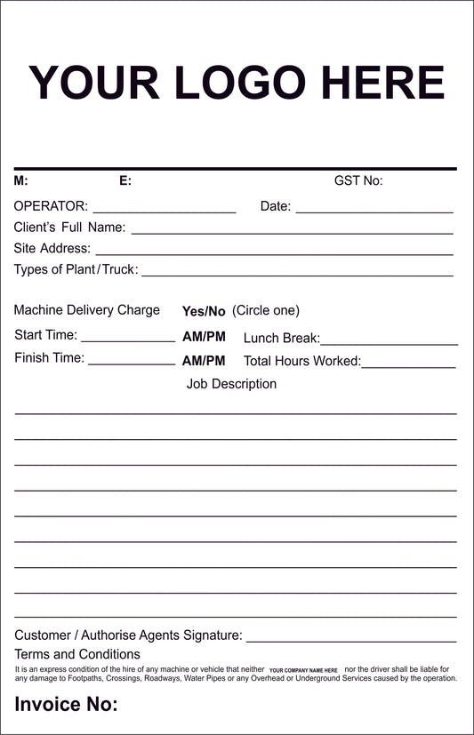 Earthworks Machine Hire Customer Sign Off Book