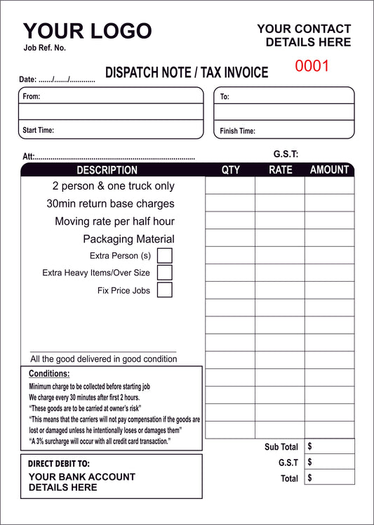 Furniture Moving Dispatch Invoice / Tax Invoice NCR Book