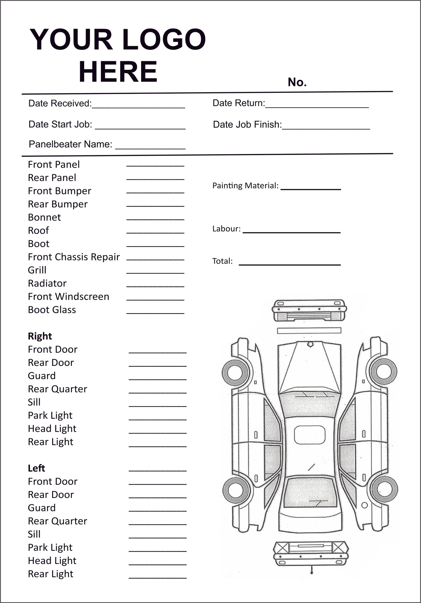 Custom Panel Beating Quotation Books with Vehicle Diagram