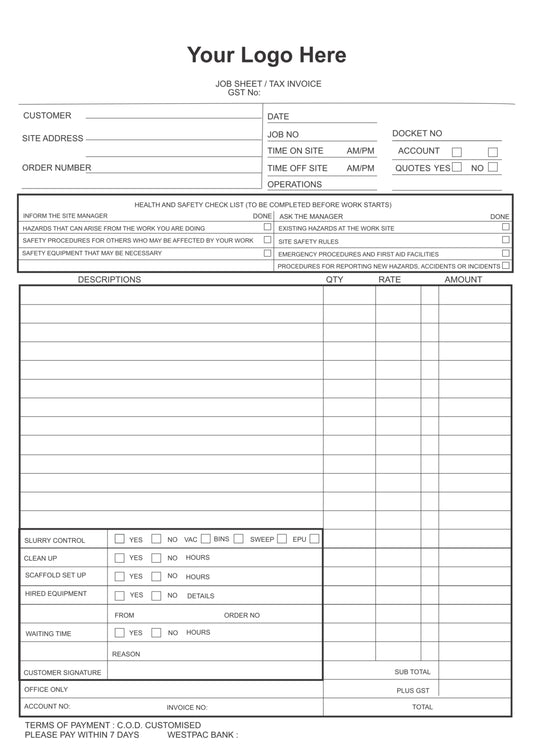 Concrete Cutting Job Card/Invoice Book