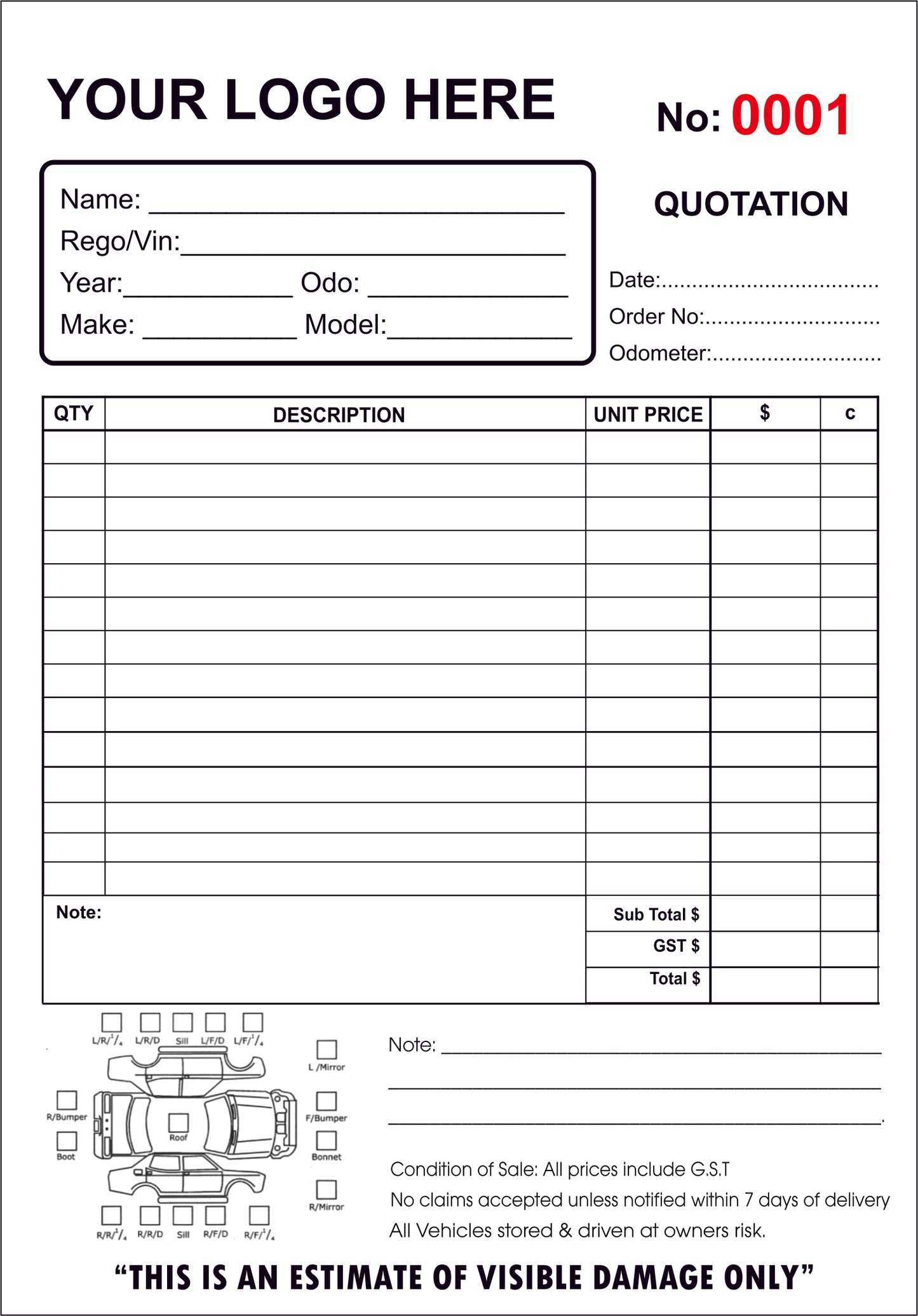 Custom Panel Beating Quotation Book Type 2